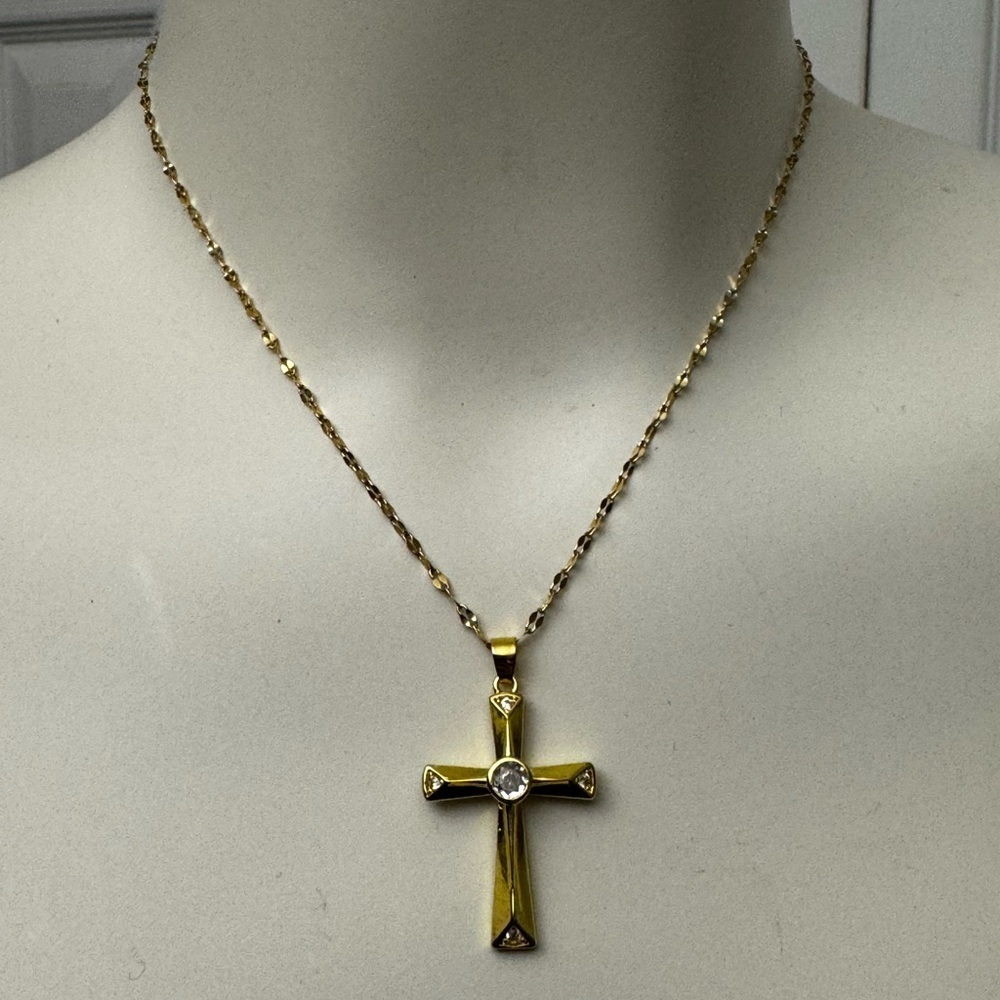 Gold Stainless Steel Cross Pendant Necklace, New - Picture 2 of 7